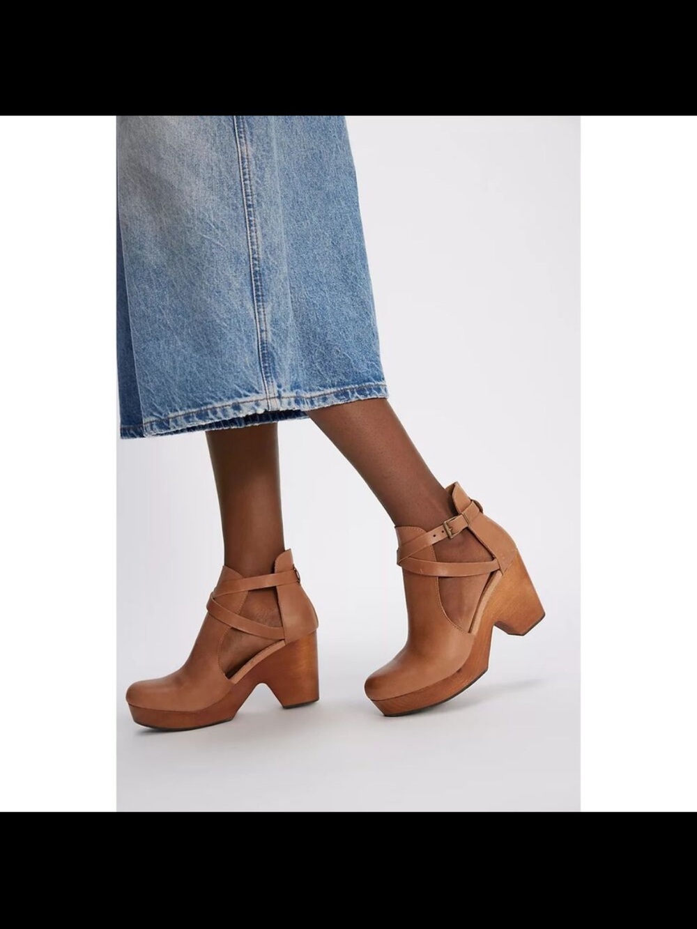 Free People Cedar Tan Leather Clog Mules with Cross Strap